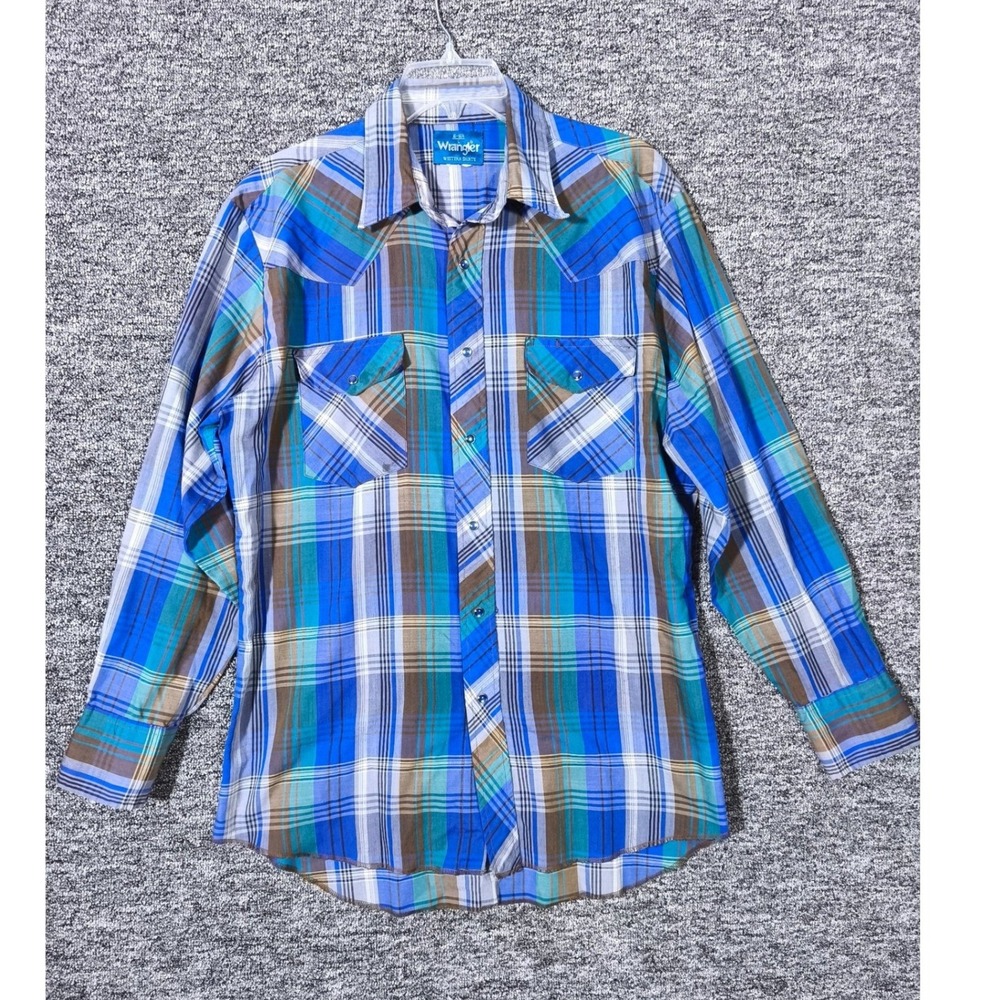 Vintage 90s Wrangler Western Shirt Blue Plaid Pearl Snap Long Sleeve Large